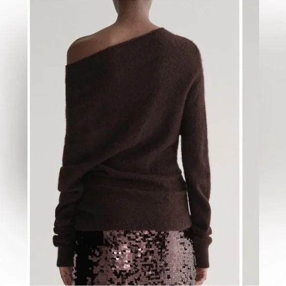 A.L.C Freya Off One Shoulder Asymmetrical Alpaca Blend Sweater Dark Umber Brown - Picture 3 of 9